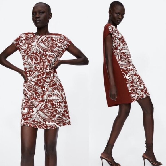 Zara Red Brown White Bohemian Embroidered Shift Dress Size Small Short Boho S - Picture 2 of 9